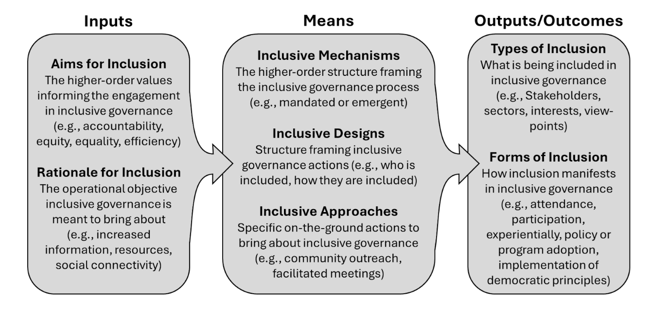 Definitions across the Inputs, Means, and Outputs/Outcomes of Inclusive Governance